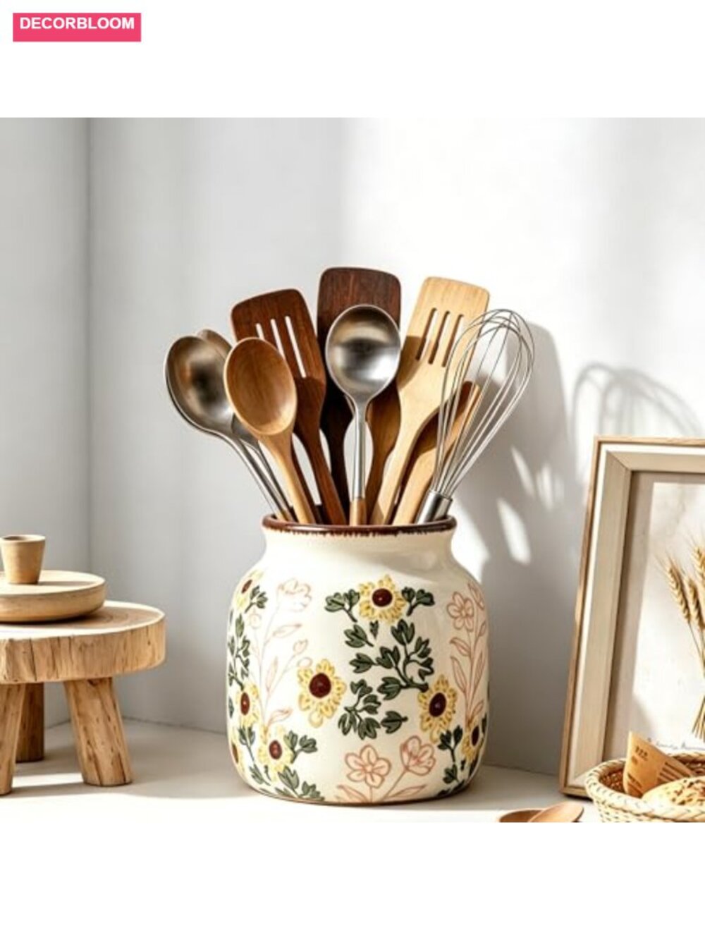 Crackle Glaze Ceramic Utensil Crock with Hand-Painted Flowers, Farmhouse - Picture 4 of 6